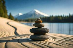a stack of stones on the beach with a mountain in the background. AI-Generated photo