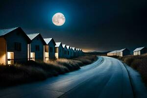 a road with houses and a full moon in the sky. AI-Generated photo