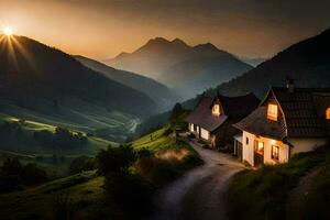 photo wallpaper the sky, mountains, road, house, sunset, the sun. AI-Generated