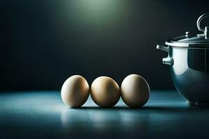 three eggs sit next to a pot. AI-Generated photo