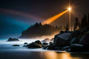 un faro es iluminado arriba por un arco iris en el noche. generado por ai foto