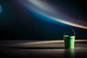 a green bucket sitting on a table in front of a full moon. AI-Generated photo