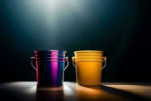 two colorful buckets on a dark table. AI-Generated photo