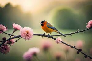 a bird sits on a branch with pink flowers. AI-Generated photo