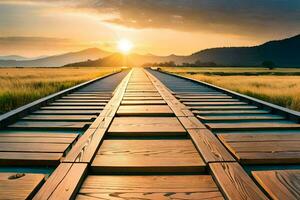 a wooden bridge leads to the sun. AI-Generated photo