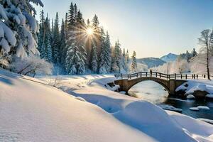 a bridge over a river in the snow. AI-Generated photo