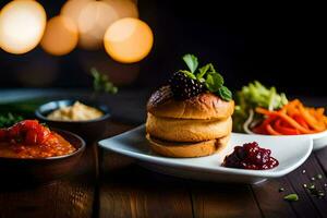 a plate with a sandwich and some other food. AI-Generated photo