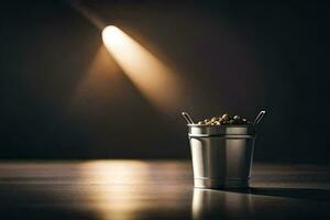 a bucket of peanuts on a table in front of a spotlight. AI-Generated photo