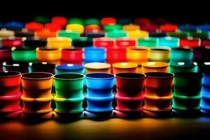 un grupo de vistoso tazas son iluminado arriba. generado por ai foto