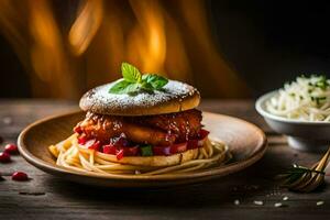 a chicken sandwich with spaghetti and sauce on a plate. AI-Generated photo