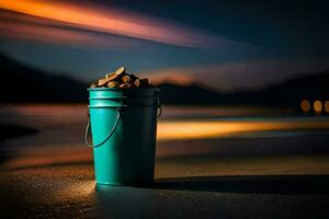 un Cubeta de nueces en el playa a noche. generado por ai foto