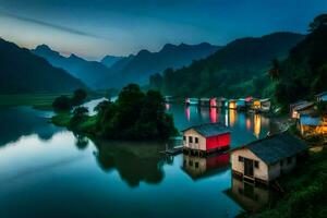 houses on the banks of a river at night. AI-Generated photo