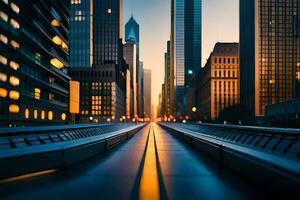 a long exposure photo of a city street at sunset. AI-Generated