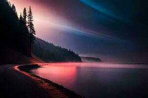 a long exposure photograph of a lake and trees. AI-Generated photo