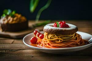 a plate of spaghetti with a cake on top. AI-Generated photo