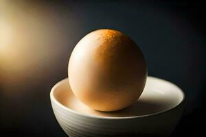 an egg sitting on top of a white bowl. AI-Generated photo