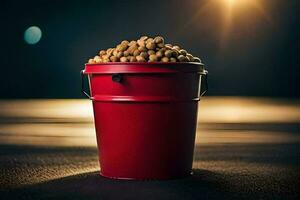 a red bucket filled with peanuts sitting on a table. AI-Generated photo