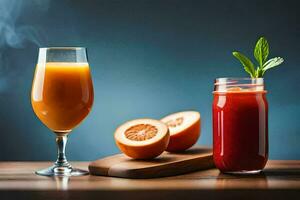 two glasses of juice and an orange. AI-Generated photo