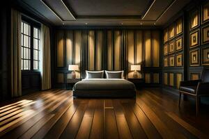 a bedroom with wooden floors and walls. AI-Generated photo