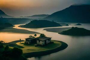 un casa se sienta en el borde de un lago a puesta de sol. generado por ai foto