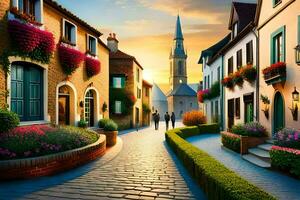 un calle con flores y edificios en el antecedentes. generado por ai foto