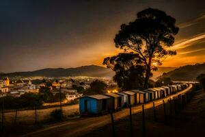 a train is traveling down a track with a town in the background. AI-Generated photo