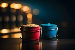 two buckets of popcorn on a table. AI-Generated photo