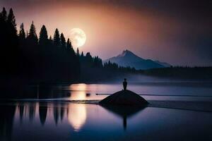 un hombre soportes en un rock en frente de un lleno Luna. generado por ai foto