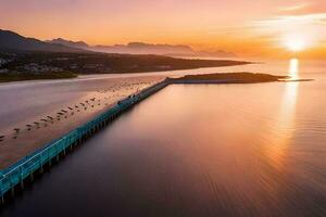 el Dom conjuntos terminado un muelle y playa en el océano. generado por ai foto