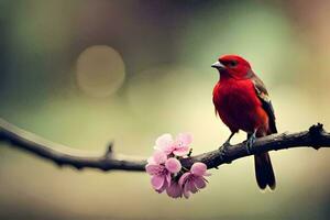 un rojo pájaro se sienta en un rama con rosado flores generado por ai foto