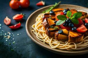 spaghetti with tomato, basil and blueberries on a dark background. AI-Generated photo