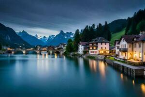 a river and houses in the mountains at night. AI-Generated photo