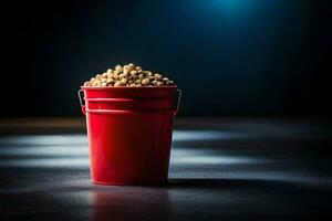 a red bucket filled with peanuts on a dark background. AI-Generated photo