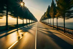 un largo la carretera con arboles y Dom brillante en el antecedentes. generado por ai foto