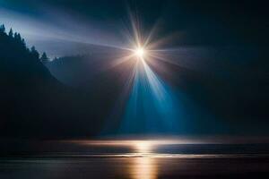 a bright light shines over a lake and mountains. AI-Generated photo