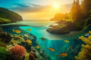 the sun shines over the ocean and coral reefs. AI-Generated photo