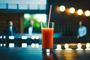 a glass of orange juice sitting on a table in front of a bar. AI-Generated photo