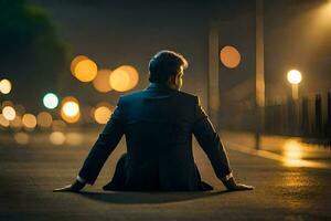 a man sitting on the ground at night. AI-Generated photo