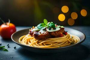 spaghetti with meat and tomato sauce on a black plate. AI-Generated photo