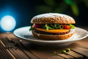 a hamburger is sitting on a plate with a light behind it. AI-Generated photo