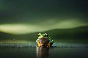 a frog sitting on the ground in front of a green background. AI-Generated photo