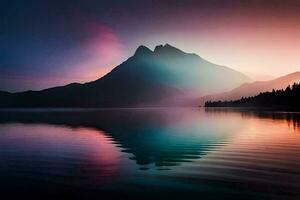 a mountain is reflected in the water at sunset. AI-Generated photo