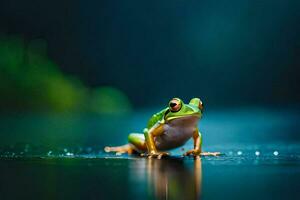 a frog sitting on the ground in the rain. AI-Generated photo