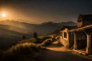 el Dom conjuntos terminado un casa en un colina. generado por ai foto