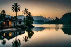 a small hut sits on the shore of a lake at sunset. AI-Generated photo