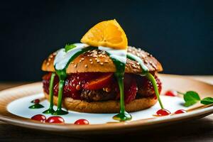 un hamburguesa con un rebanada de naranja en cima. generado por ai foto