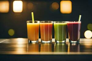 five different juices are lined up in a row. AI-Generated photo