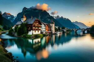 photo wallpaper the sky, mountains, water, lake, house, bridge, house, lake,. AI-Generated