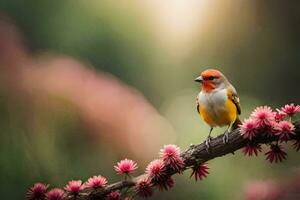 un pequeño pájaro es sentado en un rama con rosado flores generado por ai foto