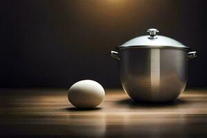 an egg and a pot on a table. AI-Generated photo